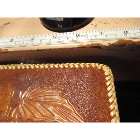 Vintage Clutch Wallet 1970's Women's 7" Handmade Leather Tooled Leaved Hippie - Picture 10 of 10